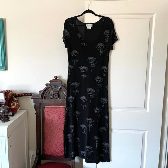 90s Lightweight Black/White Rose Maxi Dress - Picture 1 of 4